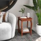 Square end table with walnut finish, featuring a top for decor and a bottom shelf for storage, ideal for small spaces.